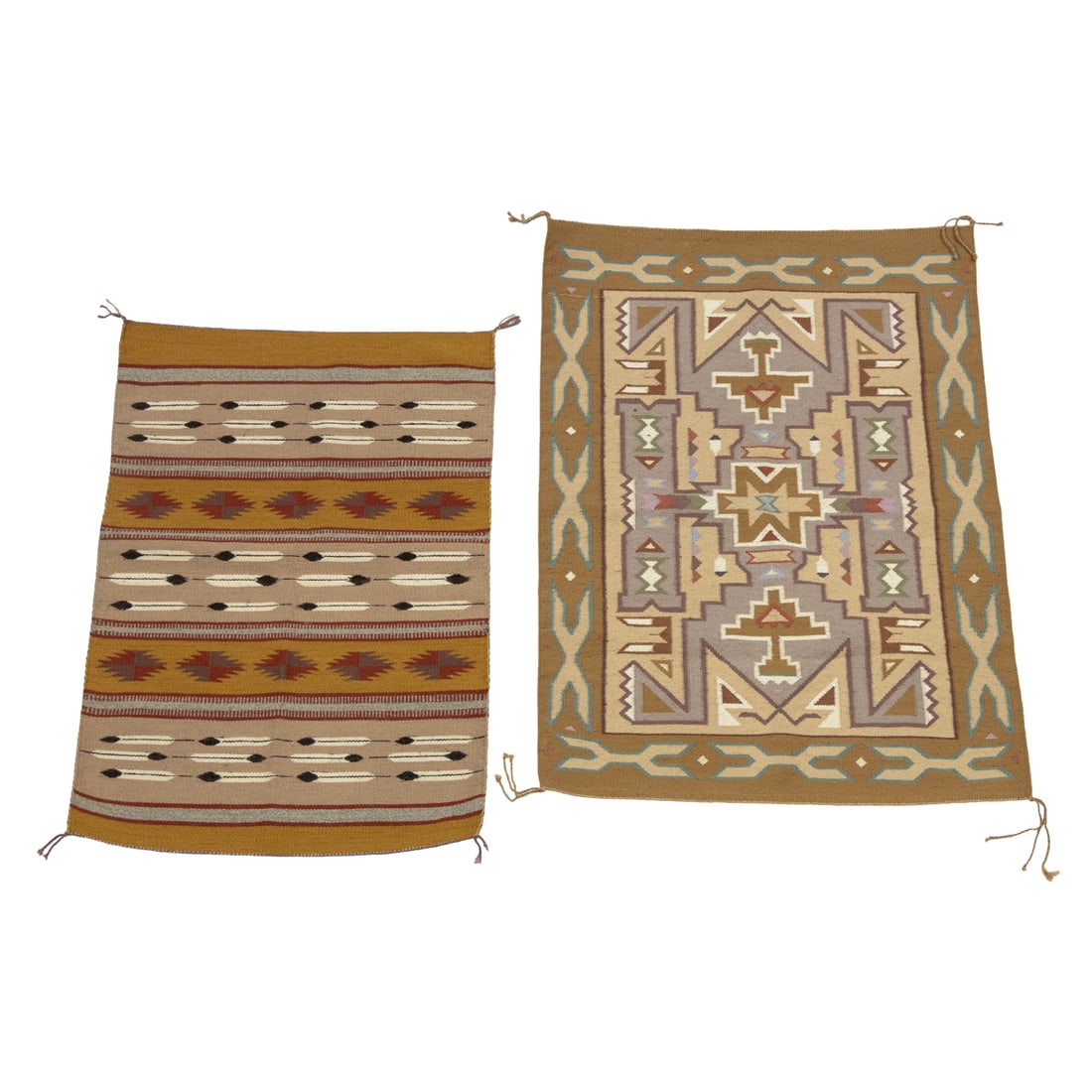 Two Navajo blankets: Two Navajo blankets, each woven in tones of mustard and red or wheat and tan, 38"l x 27"w (largest), 33.5"l x 22.5"w (smallest)