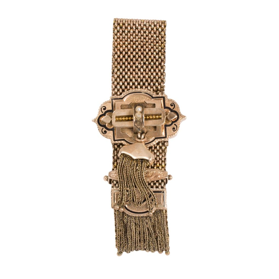 A Victorian enamel, seed pearl, and 10k gold mesh slide bracelet: A Victorian enamel, seed pearl, and 10k gold mesh slide bracelet Designed as an adjustable mesh strap, accented by seed pearls and tassels, with taille d'epargne enamel tracery and etched scroll work;