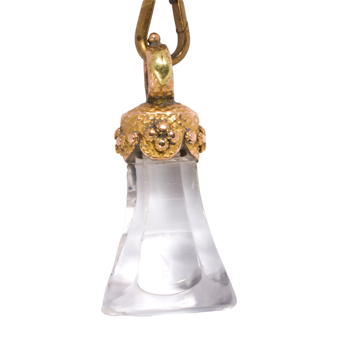 A Victorian 18k gold pocket watch chain and fob: A Victorian 18k gold pocket watch chain and fob The 18k gold chain designed with etched spacers, together with a crystal fob, joined by gold-filled swivel clasp; length: 26 1/2 in; 22.40 grams