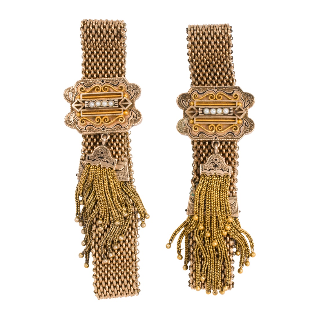 A set of Victorian seed pearl, enamel, and 10k gold strap bracelets: A set of Victorian seed pearl, enamel, and 10k gold strap bracelets the two designed as an adjustable mesh straps, accented by seed pearls and tassels, with taille d'epargne enamel tracery and etched 
