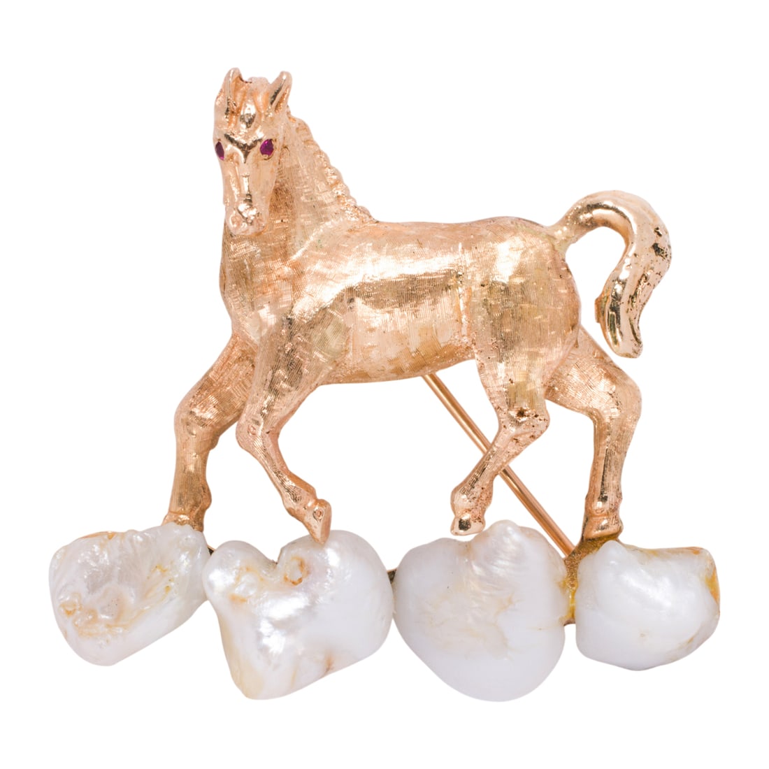 A cultured pearl and 14k gold horse brooch: A cultured pearl and 14k gold horse brooch designed as a horse with circular-cut ruby eyes, standing atop four baroque cultured pearls; length: 1 3/4 in; 18.90 grams