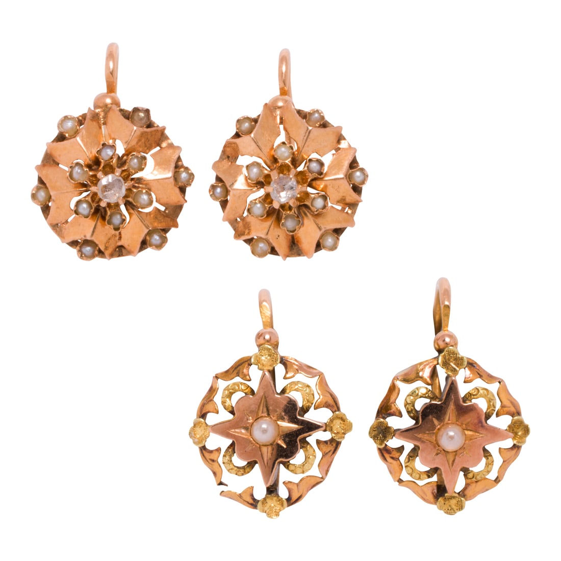 Two pairs of antique seed pearl, diamond and 14k gold earrings: Two pairs of antique seed pearl, diamond and 14k gold earrings each set with seed pearl, one set centering table-cut diamonds; lengths: all 1/2 in; 2.90 gross grams
