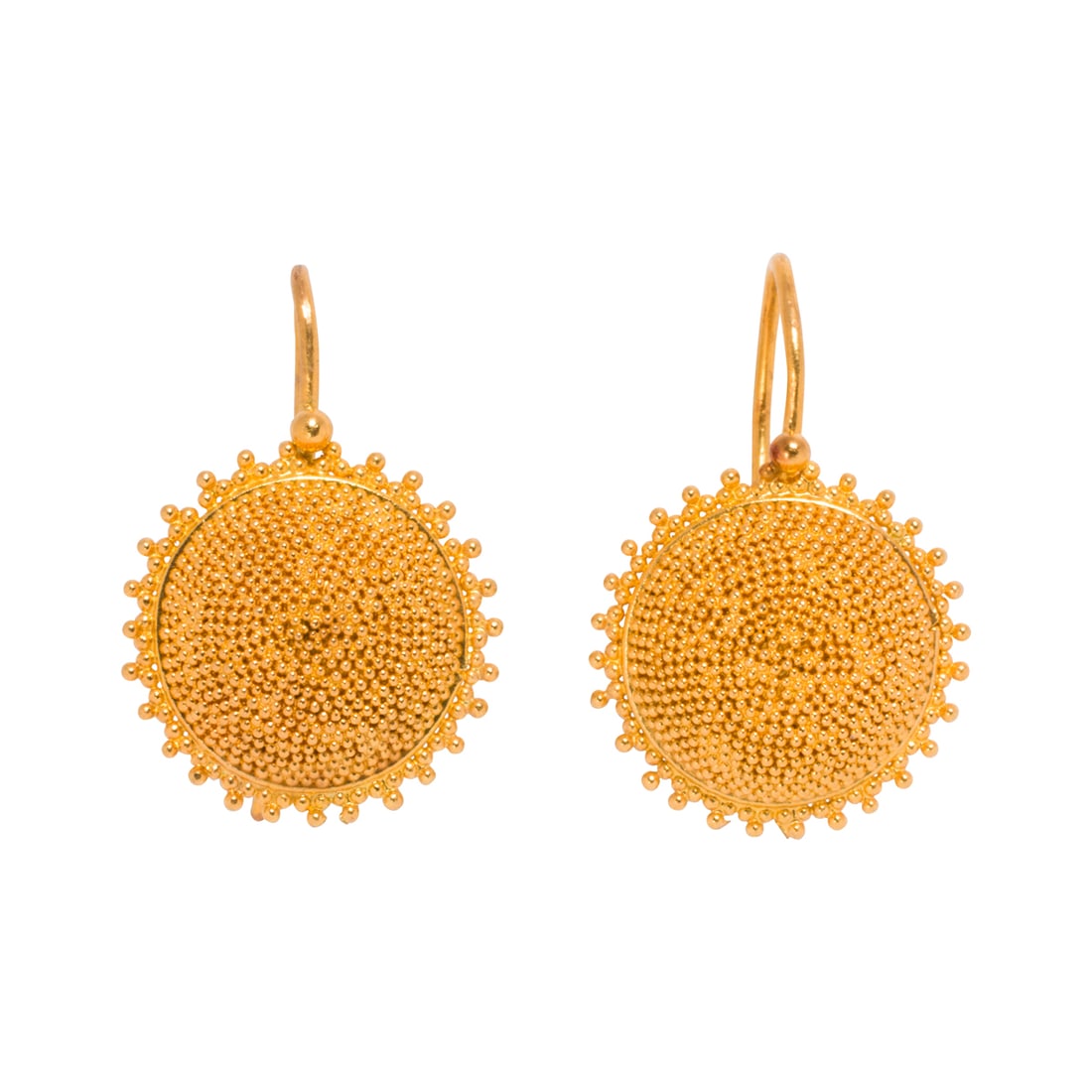 A pair of 22k gold earrings: A pair of 22k gold earrings Featuring ornate milgrain; length: 3/4 in; 3.65 grams