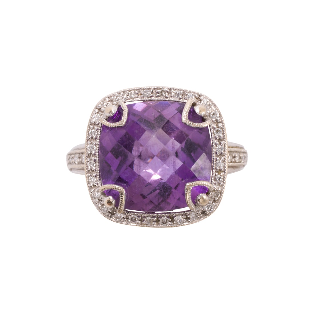 An amethyst, diamond 14k white gold ring: An amethyst, diamond 14k white gold ring centering a cushion checkerboard-cut amethyst measuring approximately 12.20 x 8.48 mm; size: 7; 6.40 grams