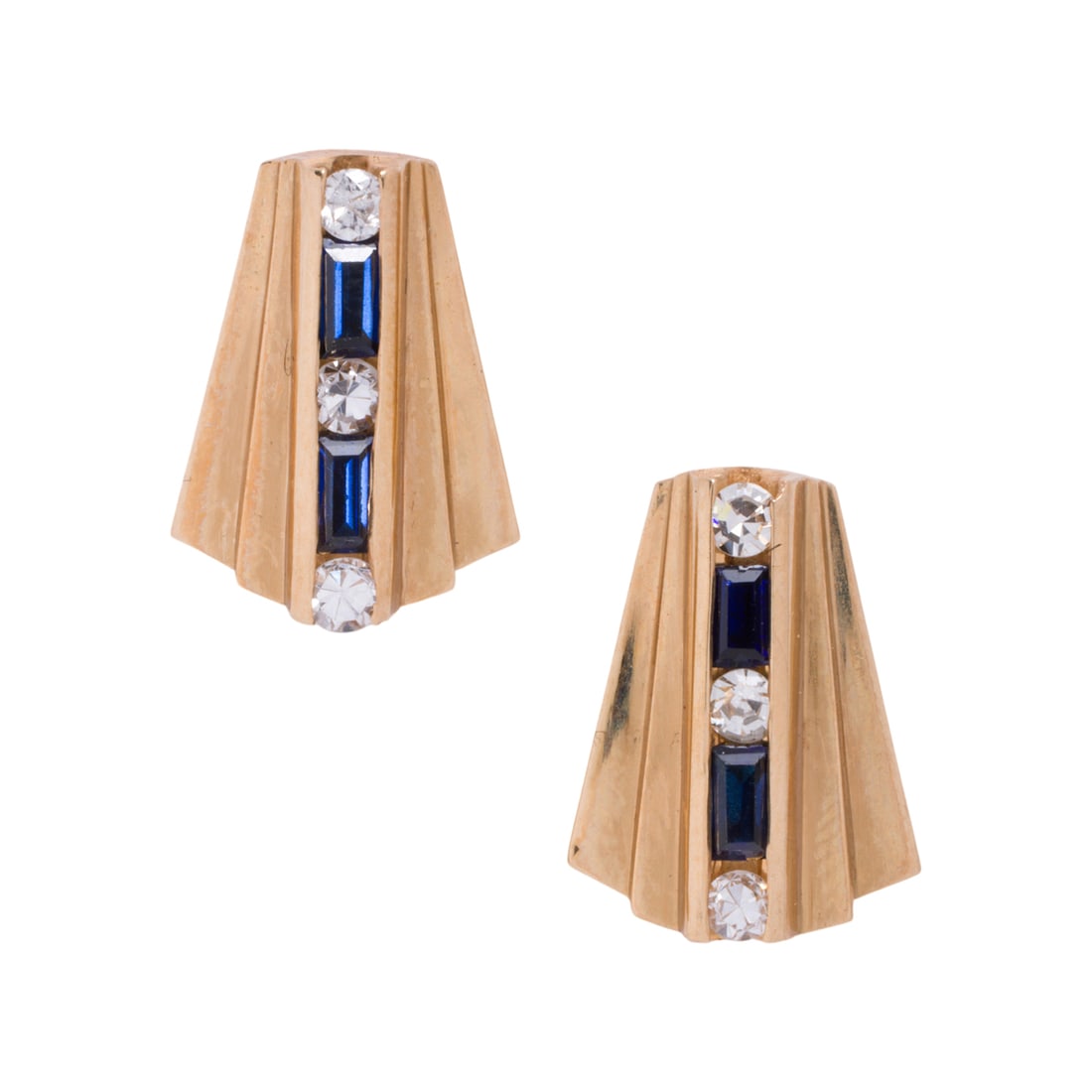 A pair of sapphire, diamond and 18k gold earrings: A pair of sapphire, diamond and 18k gold earrings each featuring a three round brilliant-cut sapphires and two baguette-cut sapphires; length: 1/5 in; 4.40 grams