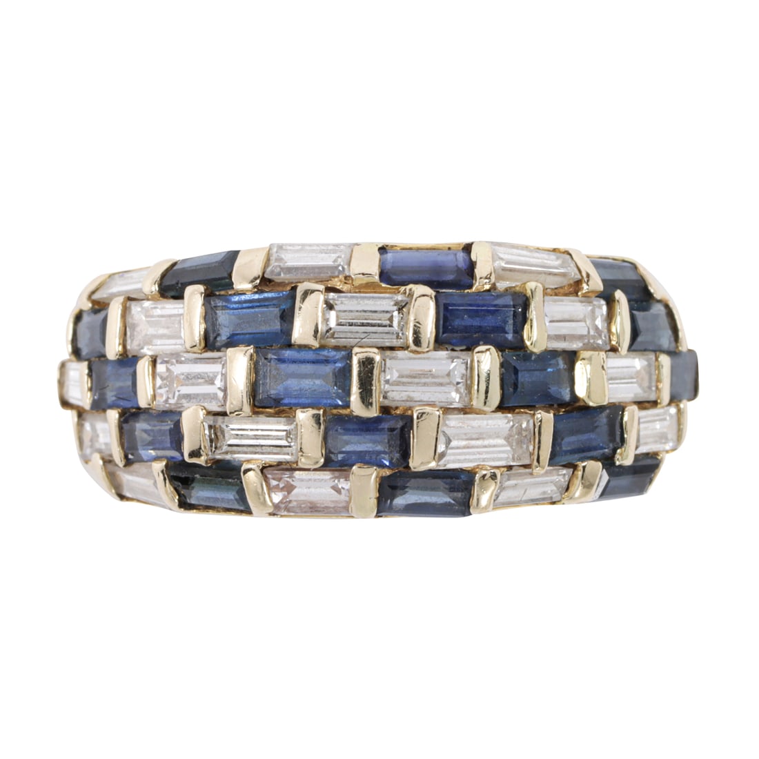 A diamond, sapphire, and 14k gold ring: A diamond, sapphire, and 14k gold ring Designed in a checkerboard pattern, set with 17 baguette-cut diamonds and 17 baguette-cut sapphires; estimated total diamond weight: 0.55 carat; estimated total