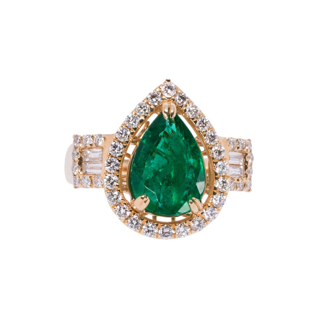 An emerald, diamond, and 14k gold ring: An emerald, diamond, and 14k gold ring Centering a pear-cut emerald weighing approximately 1.70 carats, framed by 24 round brilliant-cut diamonds, with baguette and round brilliant-cut diamond