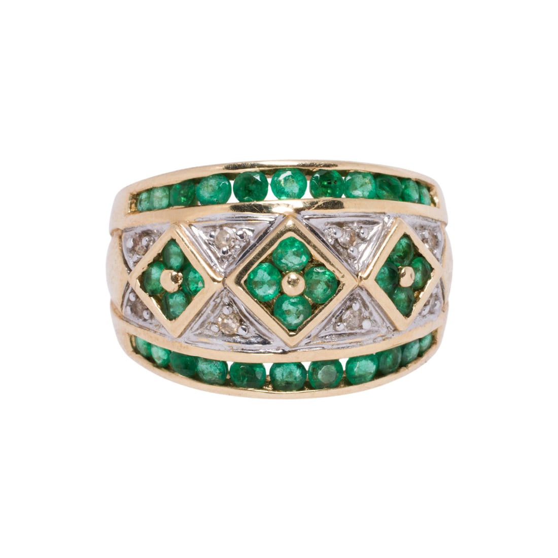 An emerald, diamond, and 14k gold ring: An emerald, diamond, and 14k gold ring Designed as an arrangement of round-cut emeralds weighing a total of 1.30 carats, interspersed by eight single-cut diamonds; size 7; 5.55 grams