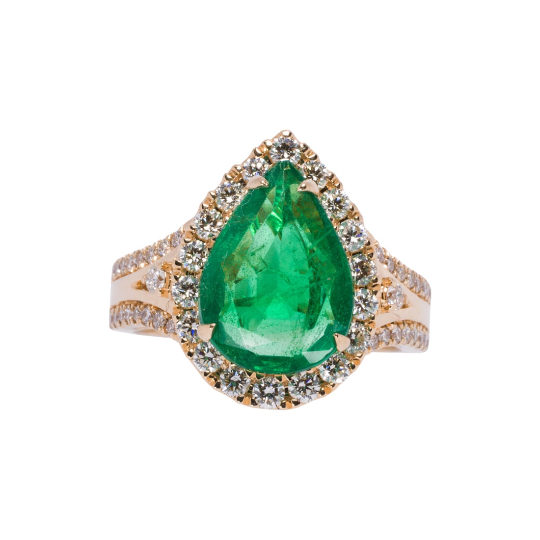 An emerald, diamond, and 14k gold ring: An emerald, diamond, and 14k gold ring Centering a pear-cut emerald weighing approximately 2.50 carats, framed within round brilliant-cut diamonds with round brilliant-cut diamond shoulders; estimated