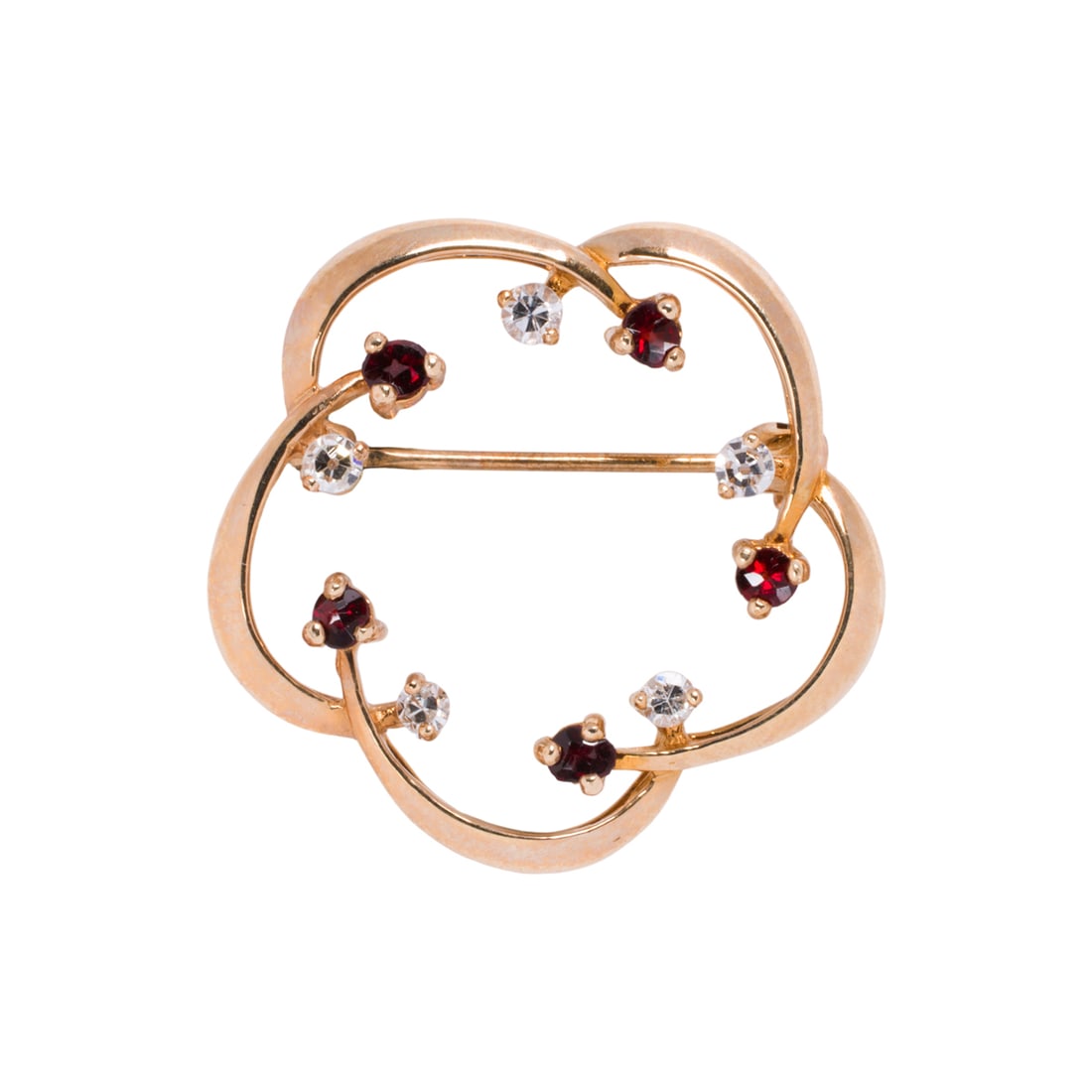 A diamond, garnet and 18k gold brooch: A diamond, garnet and 18k gold brooch designed as a open form set with circular-cut garnet and single-cut diamonds; length 1in; 3.3 grams