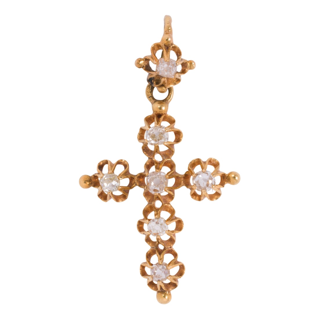A diamond and 18k gold cross pendant: A diamond and 18k gold cross pendant Set with 6 old mine-cut diamonds; estimated total diamond weight: 0.60 carat; length 1 1/2 in; 2.30 grams