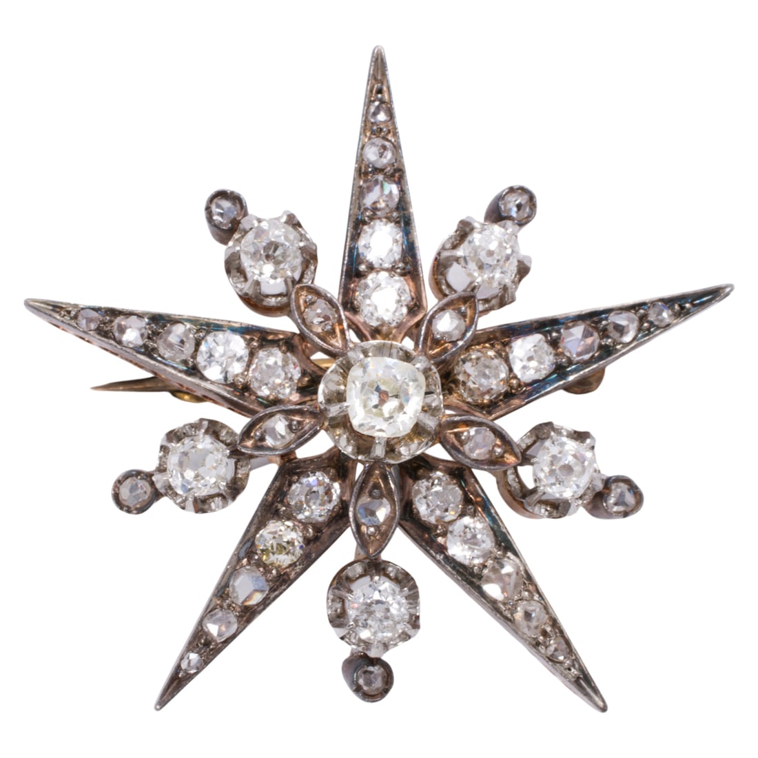 An antique diamond and silver-topped 14k gold brooch (1 of 1)