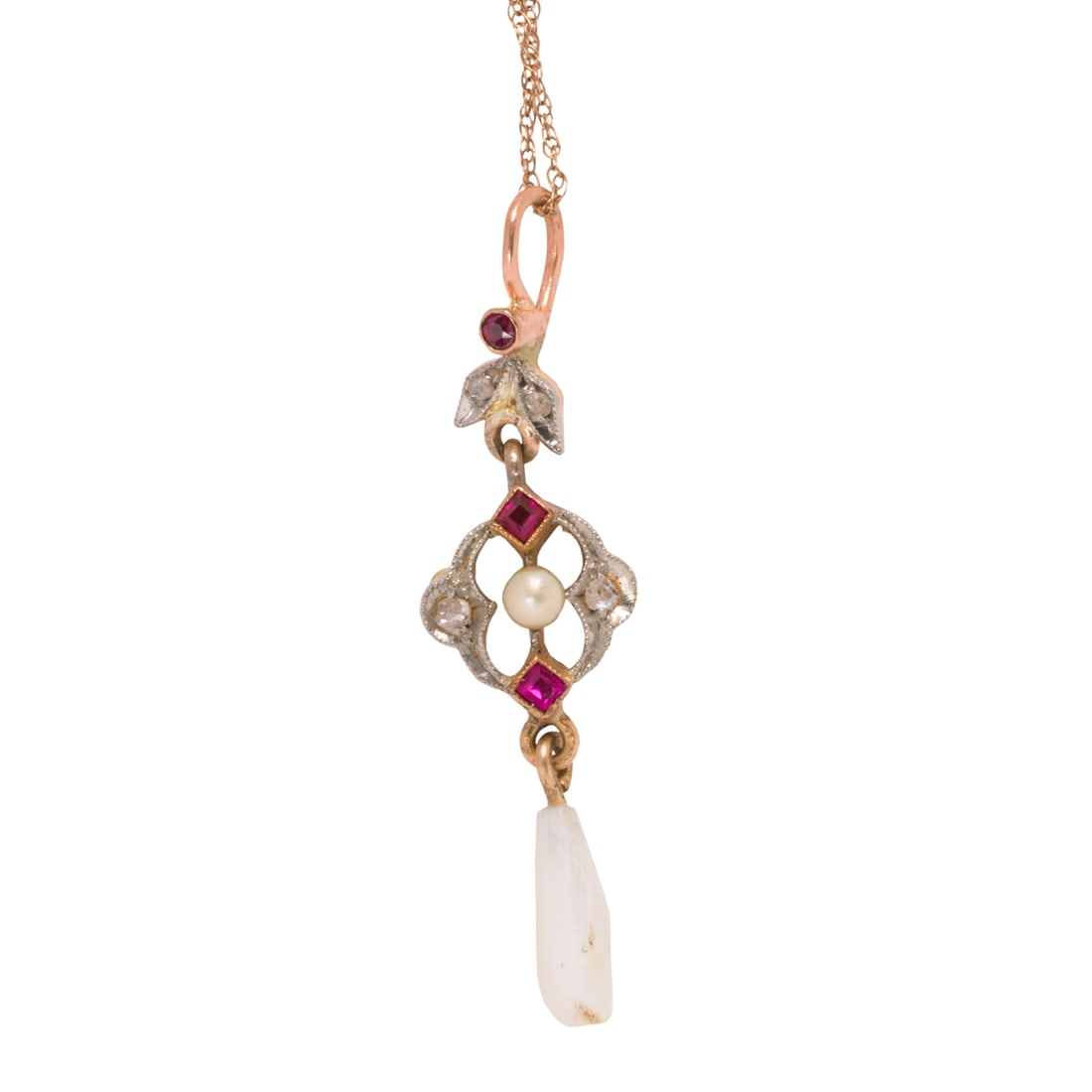 An antique ruby, pearl, diamond and 14k gold pendant necklace (1 of 2)