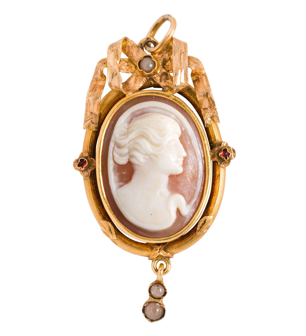 An antique shell cameo, gemstone and 18k gold pendant (1 of 1)