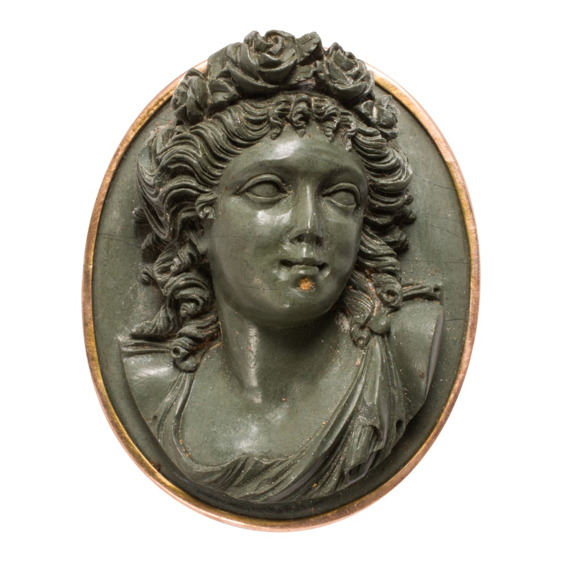 An antique lava cameo and 14k gold brooch: An antique lava cameo and 14k gold brooch Centering a lava cameo designed as the bust of a woman measuring approximately 45.00 x 38.00 x 18.00 mm; length: 1 ? in; 35.00 grams
