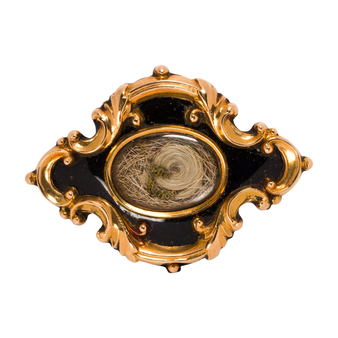 An antique enamel and 14k gold hair mourning brooch-pendant, 1847: An antique enamel and 14k gold hair mourning brooch-pendant, 1847 Centering a framed lock of hair, within ornate 14k gold and black enamel setting, the verso inscribed with "Eliza Rachael Prosser, of 