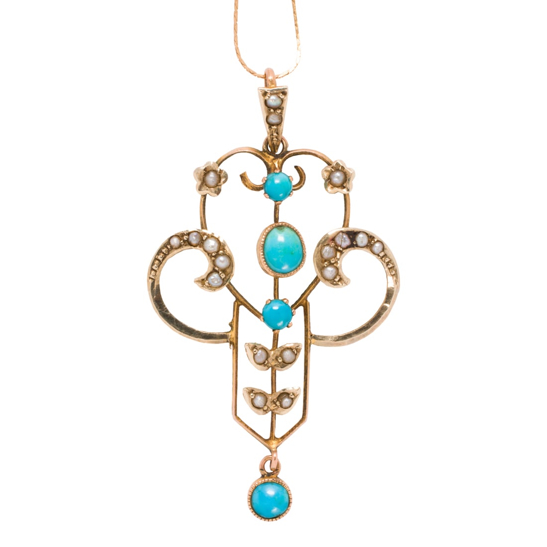 An Art Nouveau turquoise, seed pearl, and gold pendant-necklace: An Art Nouveau turquoise, seed pearl, and gold pendant-necklace The 9k gold pendant of open-form lavalier design, set with three round-cut and one oval-cut turquoise cabochons of varying sizes, accent