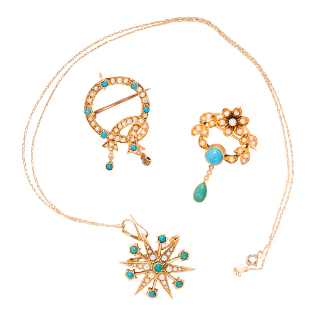 Three antique turquoise, seed pearl, and 15k gold brooch-pendants: Three antique turquoise, seed pearl, and 15k gold brooch-pendants Of garland and starburst designs, each set with round-shaped turquoise cabochons and seed pearls, together with one ultra-fine 10k gol