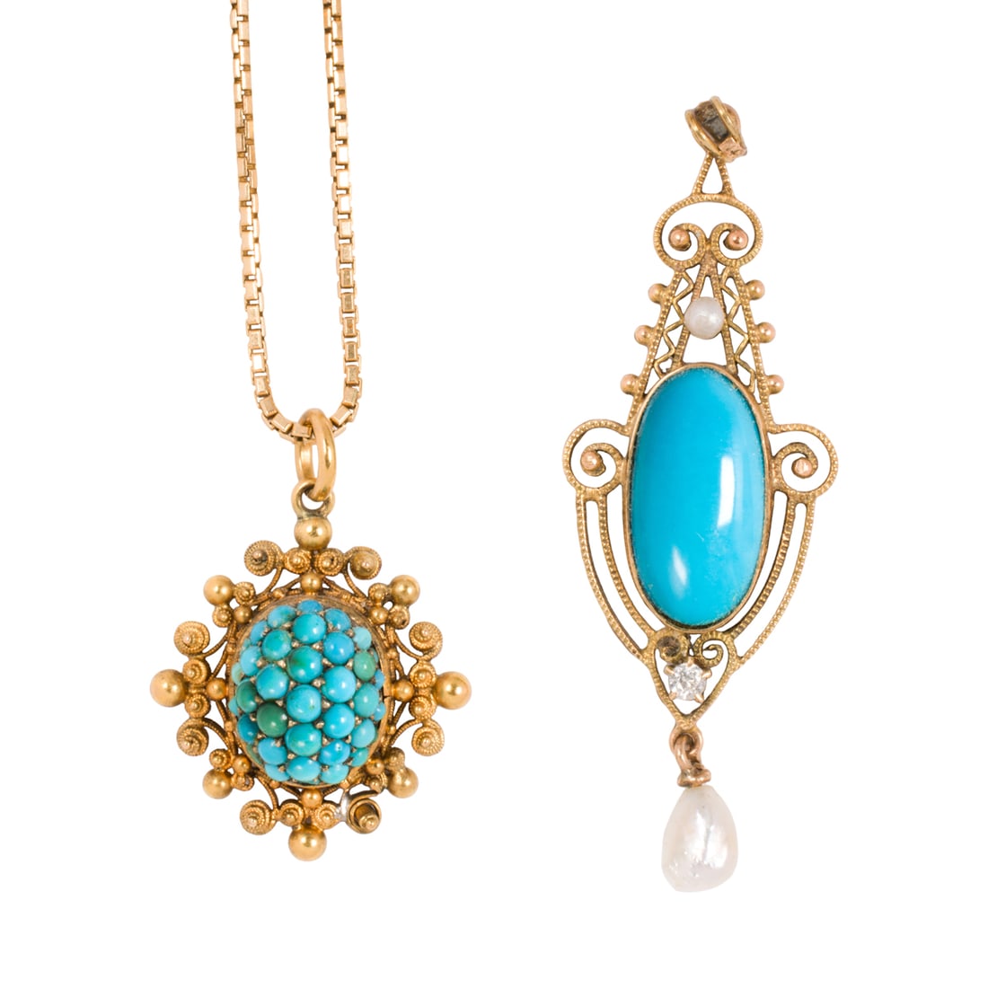 A turquoise, 14k and 18k gold pendant necklace and pendant: A turquoise, 14k and 18k gold pendant necklace and pendant Comprising an antique 18k gold pendant set with numerous round-shaped turquoise cabochons, within ornate filigree setting, on modern 14k gold