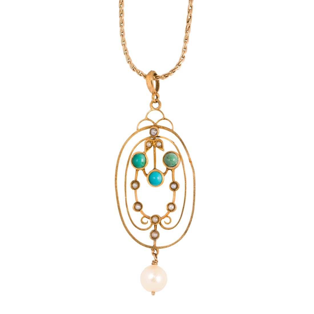 An Art Noveau turquoise, cultured pearl, and 14k gold lavalier necklace: An Art Noveau turquoise, cultured pearl, and 14k gold lavalier necklace The pendant of open-form design, set with three round-shaped turquoise cabochons measuring approximately 3.49 mm, accented by se