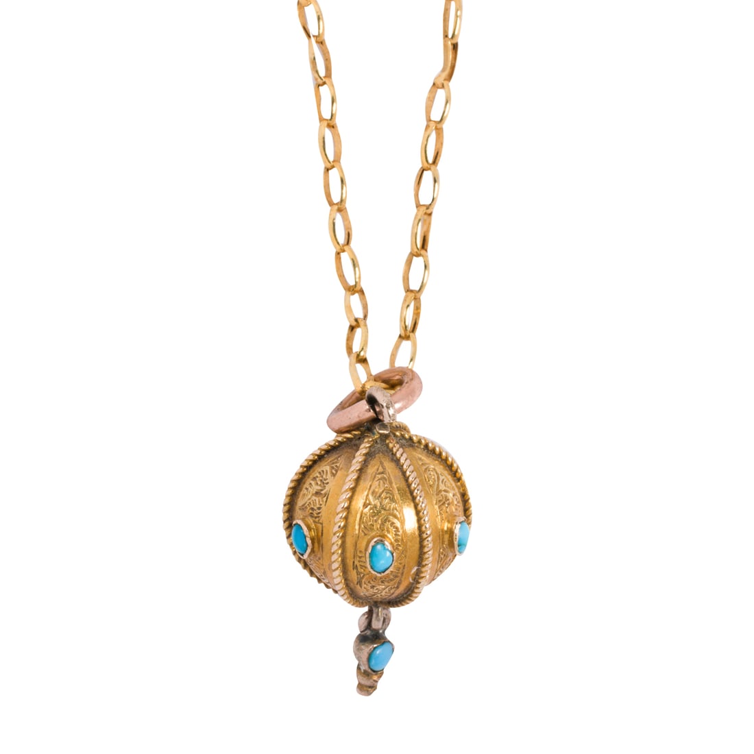 An antique Etruscan style turquoise and gold pendant necklace: An antique Etruscan style turquoise and gold pendant necklace Of hollow-form Etruscan style design, set with seven oval and round-shaped turquoise cabochons in 18k gold, on modern 10k gold cable-link 