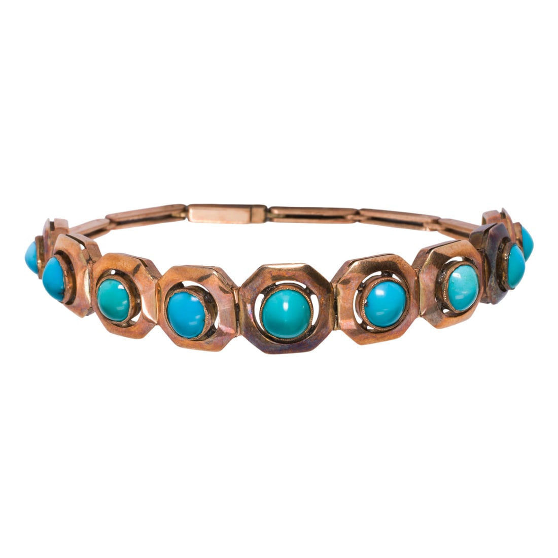 A turquoise and 14k rose gold bracelet: A turquoise and 14k rose gold bracelet Featuring a line of nine round-shaped turquoise cabochons measuring approximately 5.68 mm, within hexagonal frames; interior circumference: 6 3/4 in; 20.65 grams