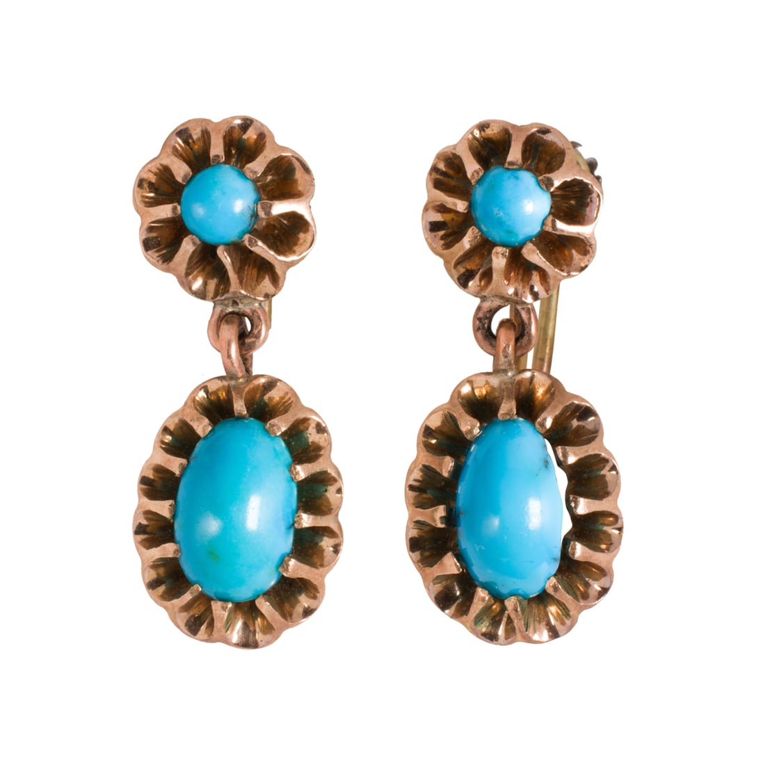 A pair of antique turquoise and 14k rose gold earrings: A pair of antique turquoise and 14k rose gold earrings Each featuring one oval shaped turquoise cabochon measuring 8.49 x 6.04 x 5.06 mm, and one round-shaped turquoise cabochon measuring 4.23 mm, wit
