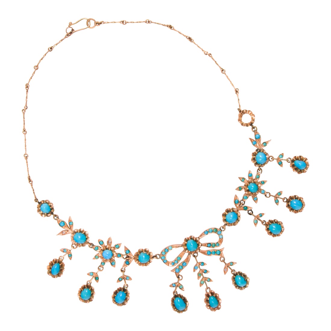 A late Victorian turquoise and 14k gold garland necklace: A late Victorian turquoise and 14k gold garland necklace designed with bow and floret motifs, set throughout with oval and round turquoise cabochons; length: 17 1/2 in.; 35.95 grams