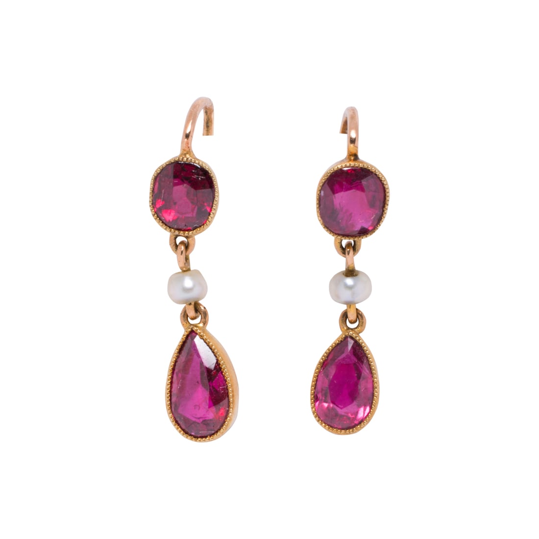 An antique pair of ruby, cultured pearl, and 18k gold earrings: An antique pair of ruby, cultured pearl, and 18k gold earrings Designed as one pear-cut and one round-cut ruby, interspersed by a cultured pearl measuring 2.77 mm; length: 3/4 in; 1.20 grams