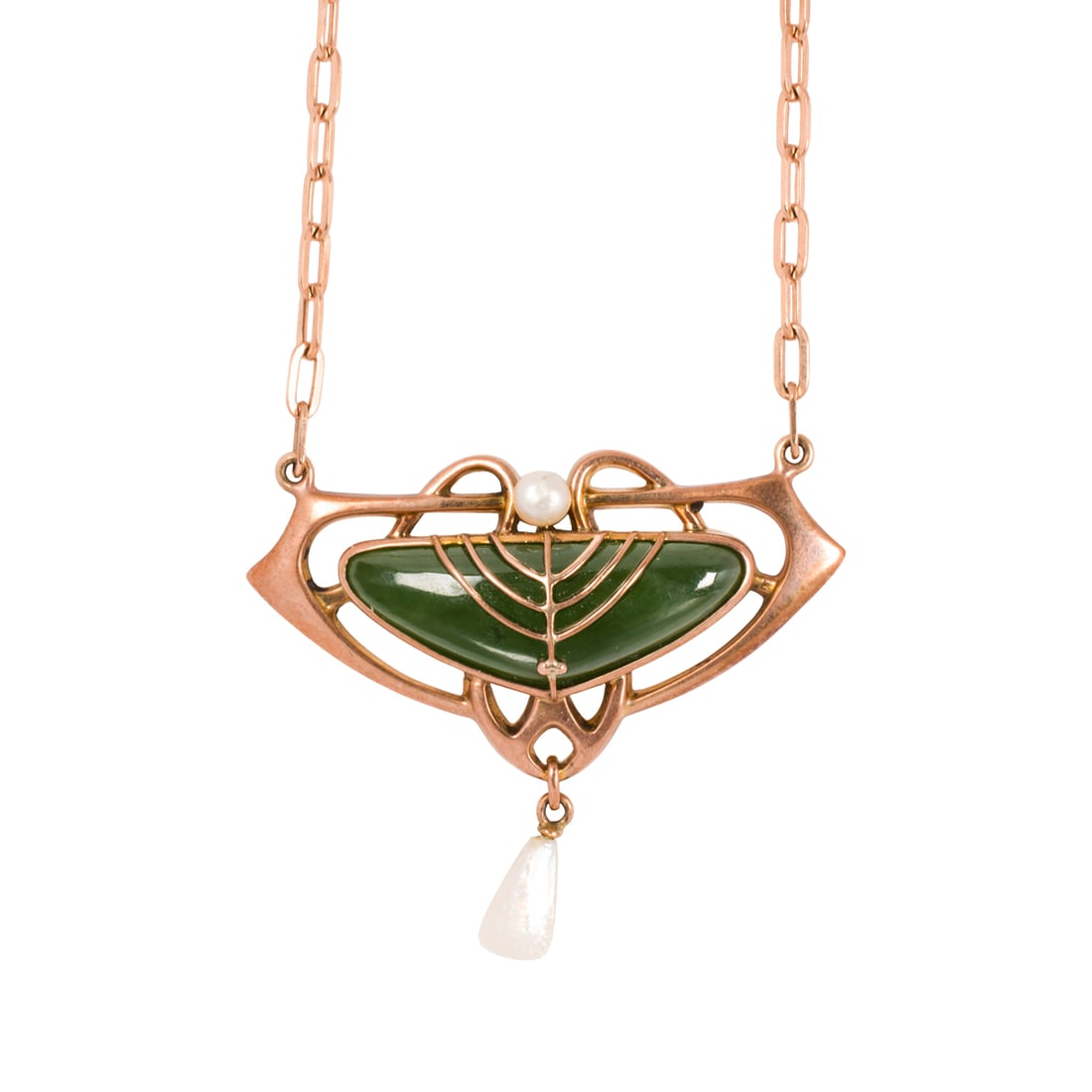 A serpentine, cultured pearl, 14k and 18k rose gold necklace: A serpentine, cultured pearl, 14k and 18k rose gold necklace Of open-form lavalier design, the 14k gold pendant set with a free-form serpentine cabochon measuring 24.56 mm across, accented by two baro