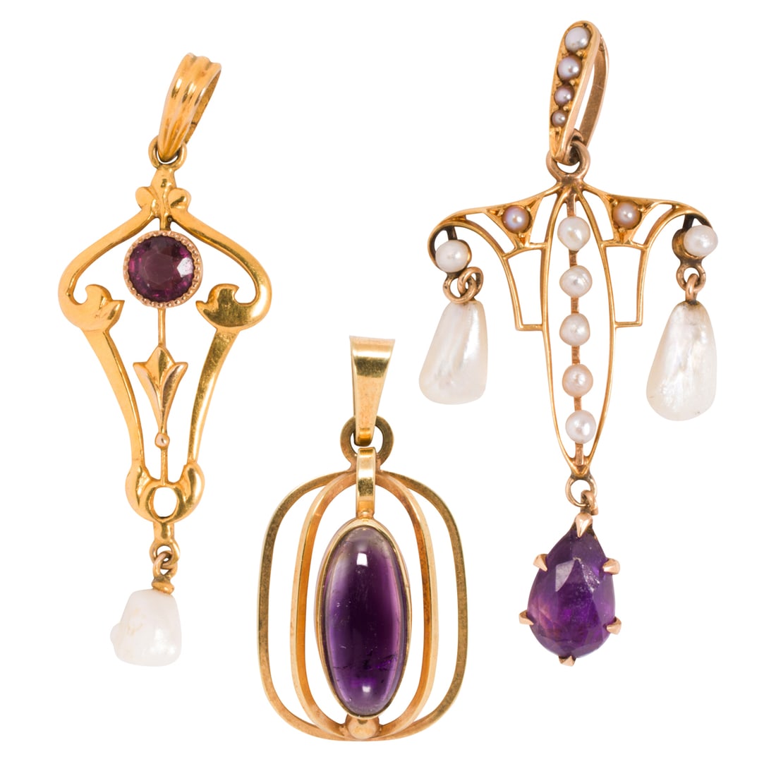 Three amethyst, cultured pearl, and 14k gold pendants: Three amethyst, cultured pearl, and 14k gold pendants the three open-form amethyst and cultured pearl pendants of varying styles including lavalier; gross weight: 5.70 grams