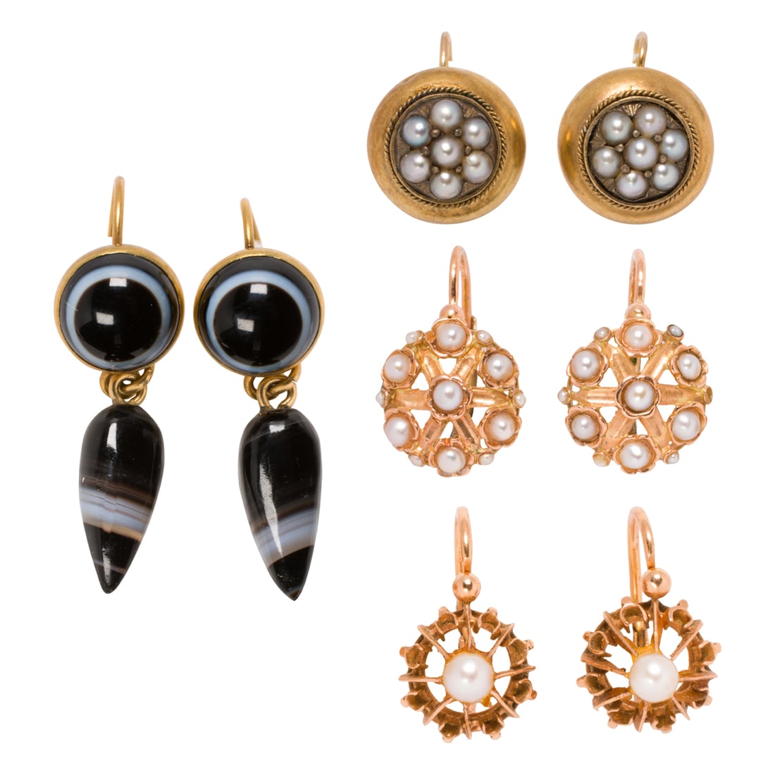 Four pairs of gem-set and gold earrings: Four pairs of gem-set and gold earrings of antique and modern eras, set with seed pearls and banded agate, in 14k and 18k gold; gross weight: 11.20 grams