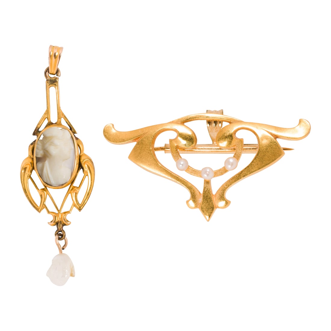 Two antique cultured pearl, 18k gold, and gold-filled pendants (1 of 1)