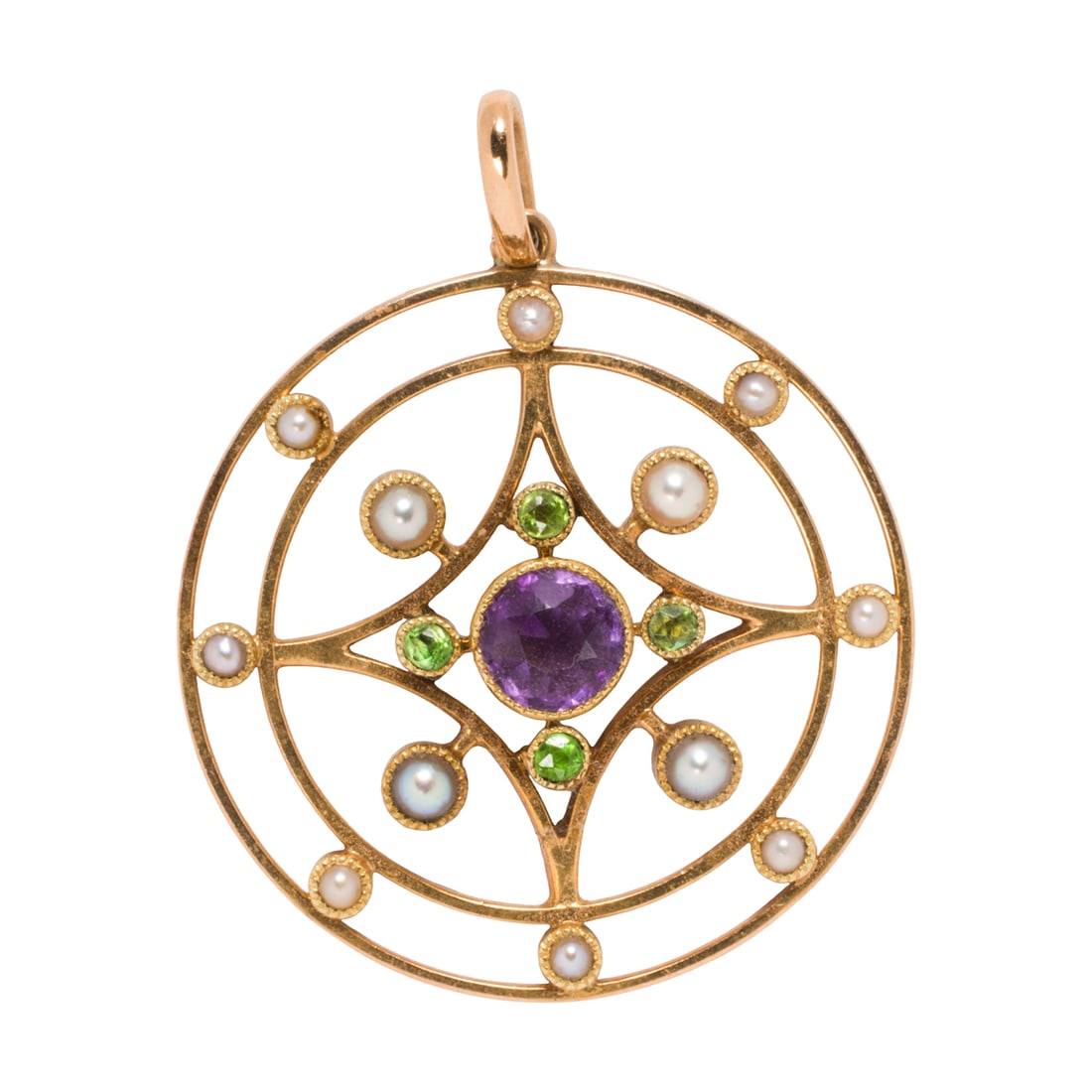 An Art Nouveau amethyst, garnet, seed pearl, and 15k gold pendant (1 of 1)