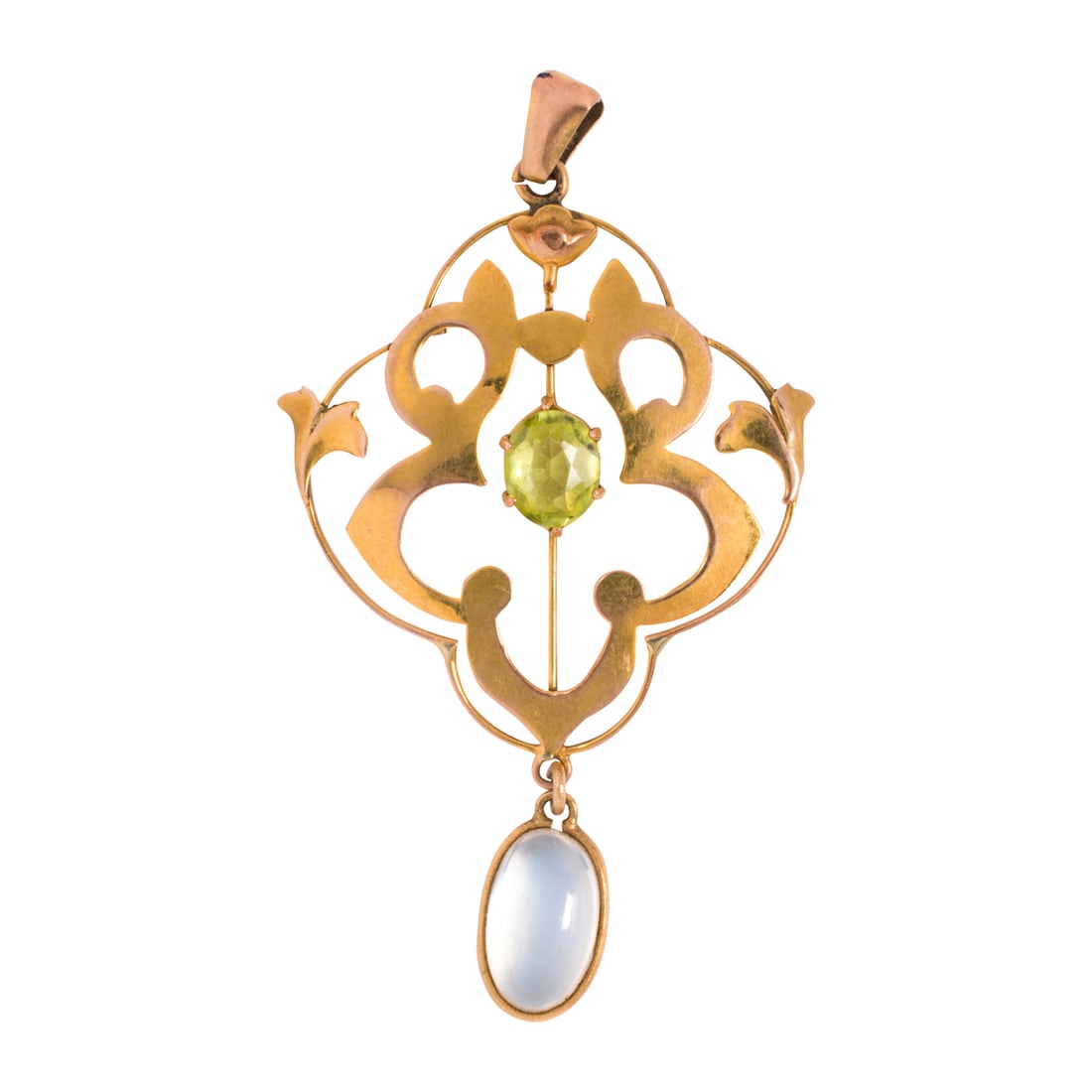 An Art Nouveau moonstone, peridot, and 9k gold pendant: An Art Nouveau moonstone, peridot, and 9k gold pendant Of open-form lavalier design, set with one oval-cut peridot measuring 6.23 x 5.09 mm and one oval-shaped moonstone cabochon measuring 10.23 x 6.5