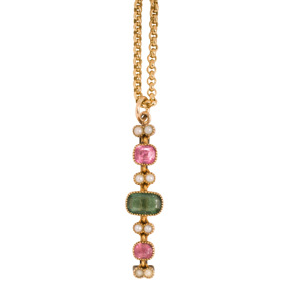 A tourmaline, seed pearl, 14k and 18k pendant necklace: A tourmaline, seed pearl, 14k and 18k pendant necklace Designed as three green and pink cushion-cut tourmalines interspersed by four sets of two seed pearls measuring 2.02 mm, set in 14k gold on 18k g