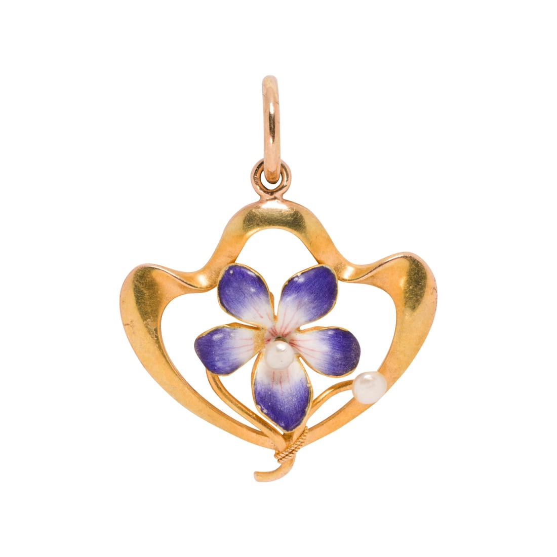 An Art Nouveau enamel, pearl, and 18k gold pendant: An Art Nouveau enamel, pearl, and 18k gold pendant Centering an intricately enameled flower accented by seed pearls, within freeform 18k gold frame; length: 1 1/4 in; 2.90 grams