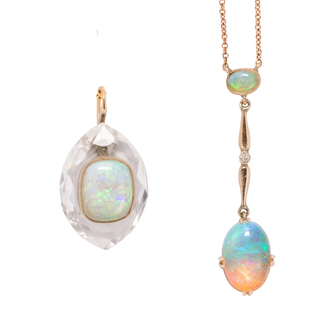 An antique opal and 9k gold necklace and pendant: An antique opal and 9k gold necklace and pendant the lavalier necklace designed with two oval-shaped opal cabochons, set between with an old single-cut diamond, together with a pendant featuring a cus