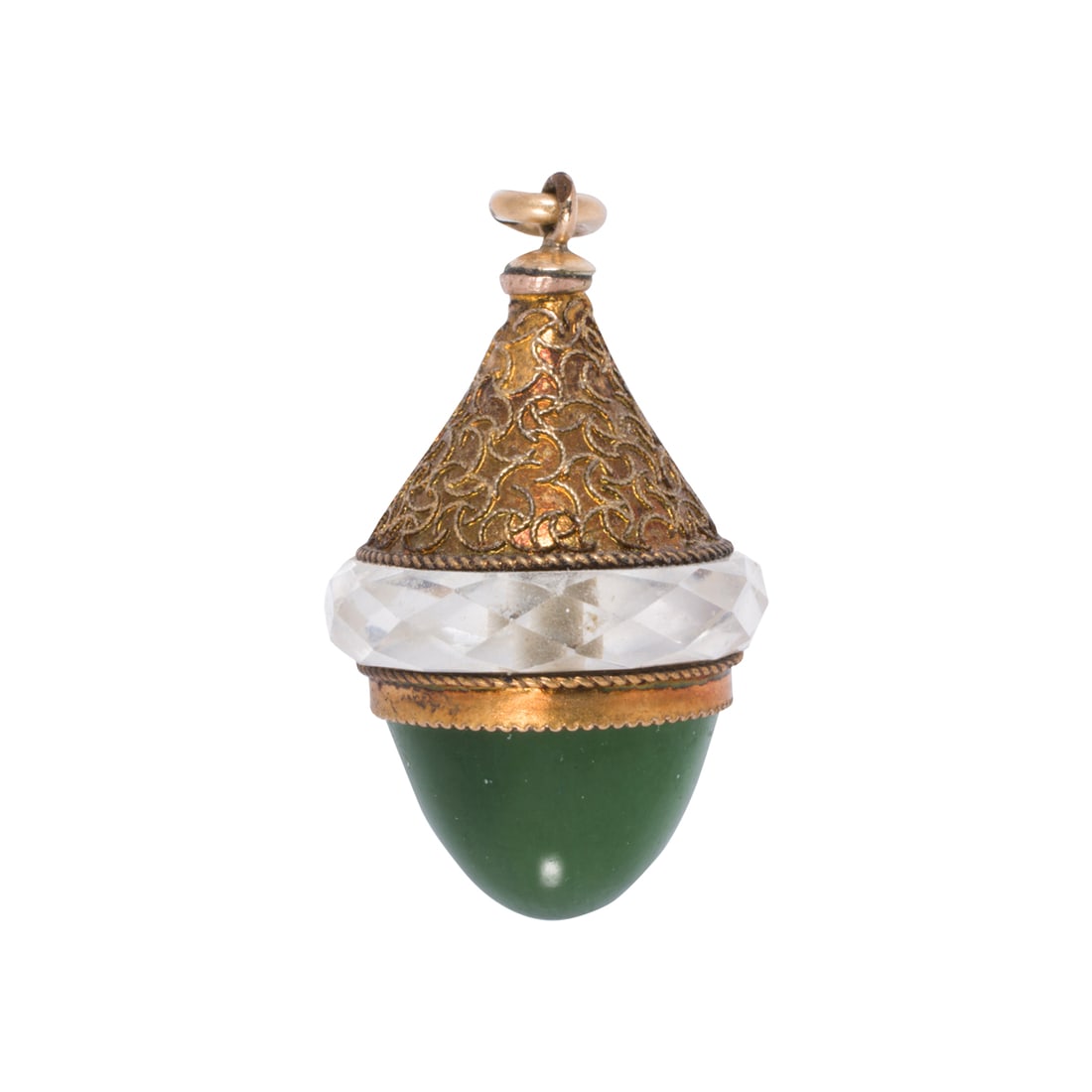 A Victorian egg pendant: A Victorian egg pendant featuring faceted rock crystal and polished serpentine with a gold-filled surmount; length: 1 1/8 in; 5.55 grams
