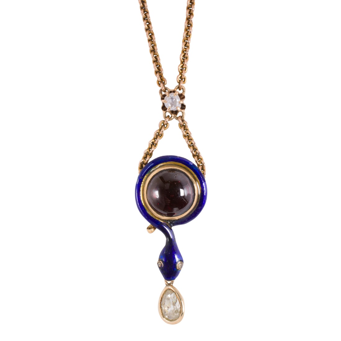 An antique diamond, garnet, enamel, and 14k gold snake necklace: An antique diamond, garnet, enamel, and 14k gold snake necklace Designed as a blue enamel snake circling a round-shaped garnet cabochon measuring 8.04 mm, accented by an antique pear-cut diamond, an o