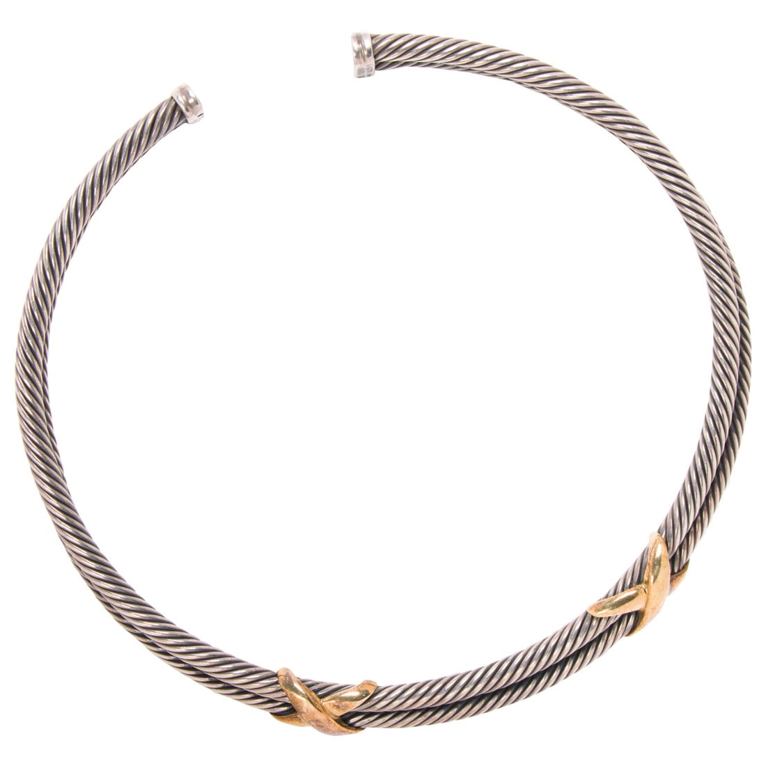 A David Yurman sterling silver and 14k gold collar necklace: A David Yurman sterling silver and 14k gold collar necklace the double cable collar with two gold 'x' accents; inner circumference: 13 1/2 in., gap 1 1/4 in, expandable; 90.01 grams
