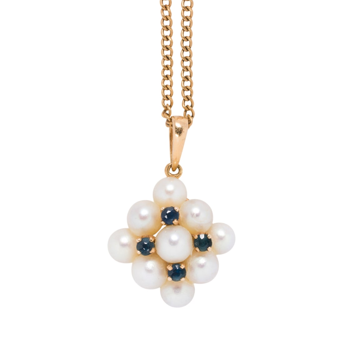 A sapphire, cultured pearl, and 14k gold pendant necklace: A sapphire, cultured pearl, and 14k gold pendant necklace Designed as an arrangement of cultured pearls measuring approximately 4.08 mm, interspersed by four round-cut sapphires; pendant length: 7/8 i