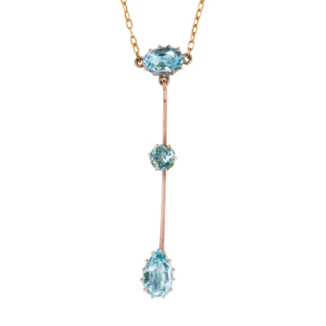 An Art Nouveau topaz and 9k gold necklace: An Art Nouveau topaz and 9k gold necklace Of lavalier style, set with one oval, one round, and one pear-cut topaz; length: 17 1/2 in; 2.60 grams