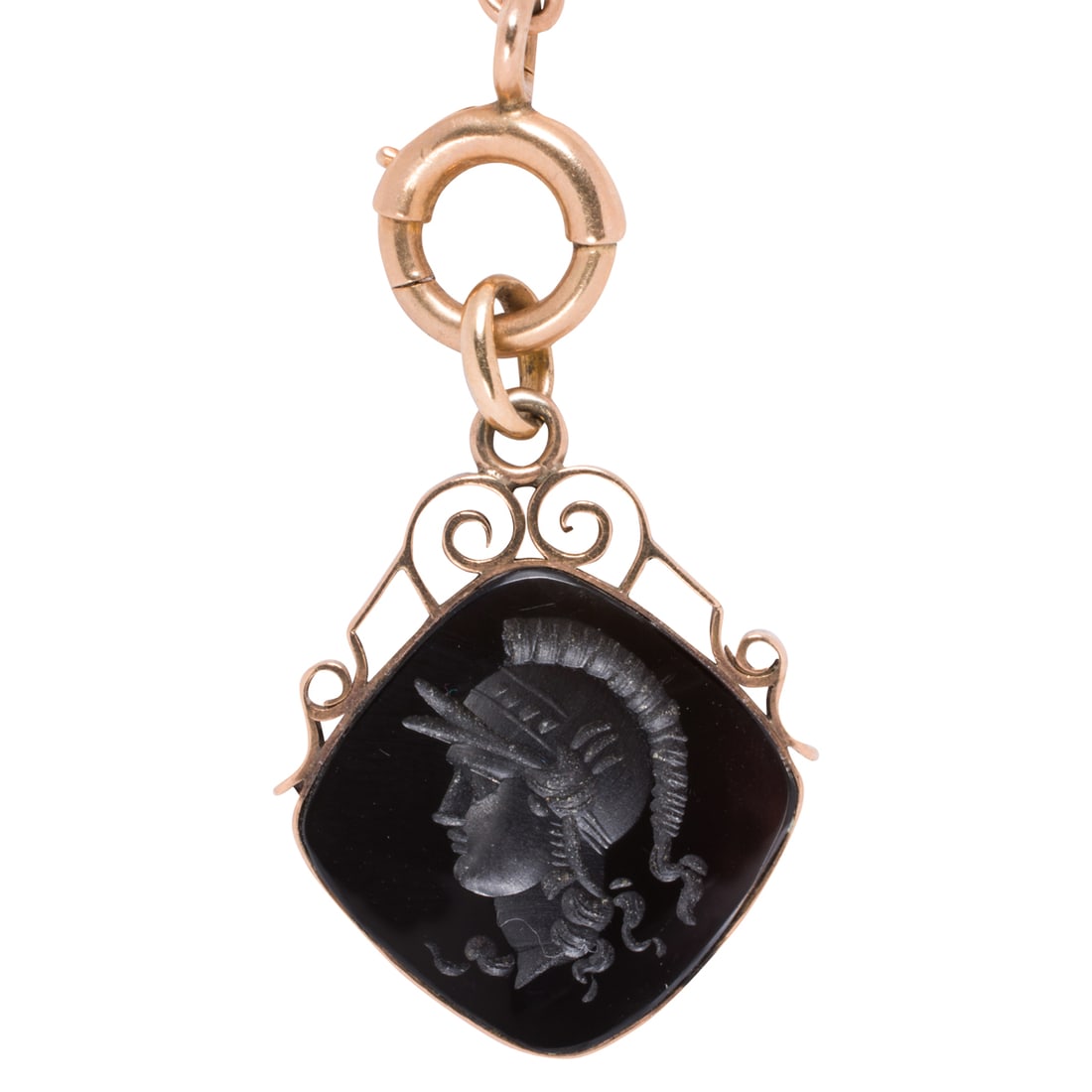 A 14k gold pocket watch chain and intaglio fob: A 14k gold pocket watch chain and intaglio fob The chain designed with etched bar-form spacers, with onyx intaglio fob of a Roman soldier; length: 14 3/4 in; 12.35 grams