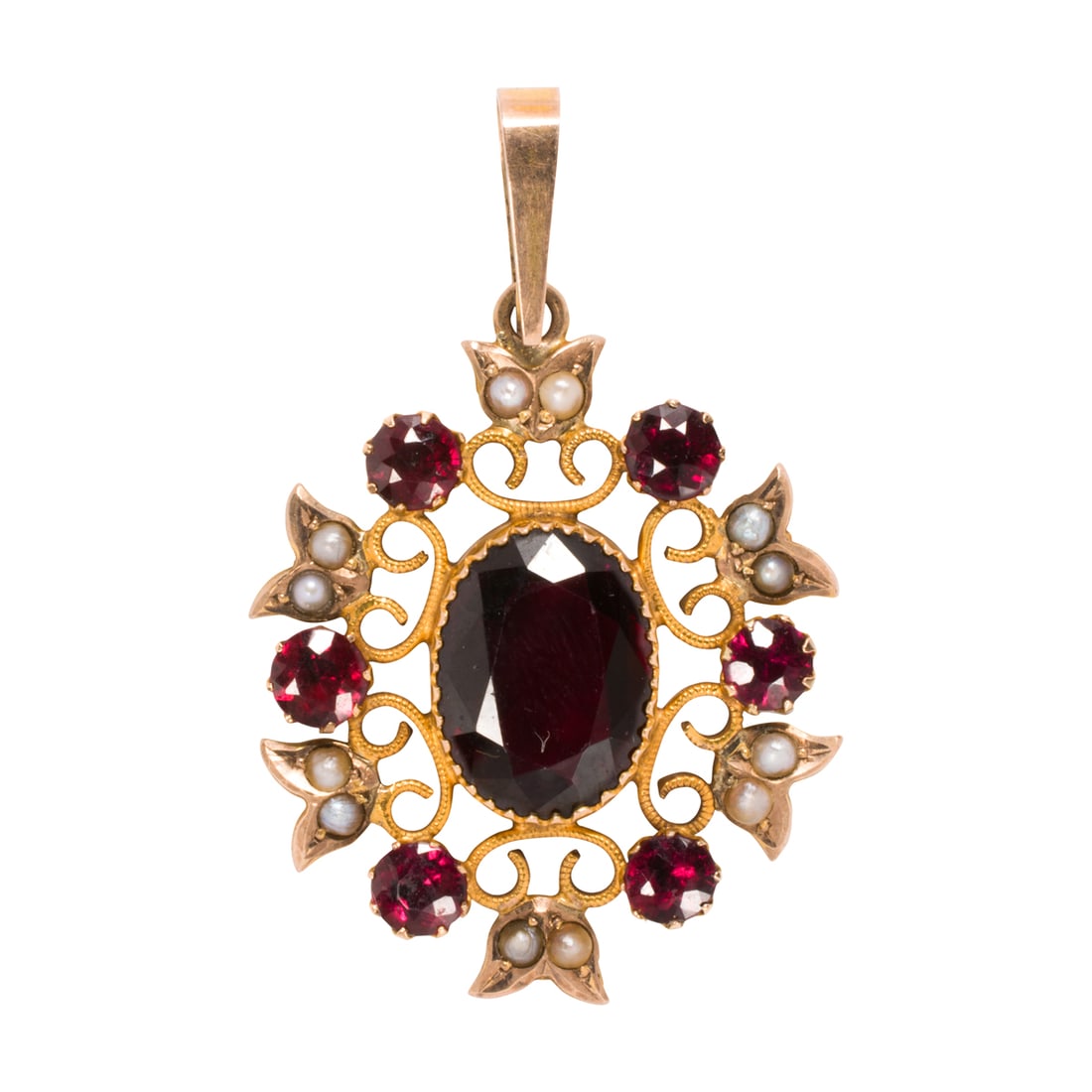 A garnet, seed pearl, and 9k gold pendant: A garnet, seed pearl, and 9k gold pendant Centering an oval-cut garnet measuring 11.00 x 7.81 x 3.72 mm, framed by six foil-backed, round-cut garnets measuring 3.03 mm and six butterflies set with see