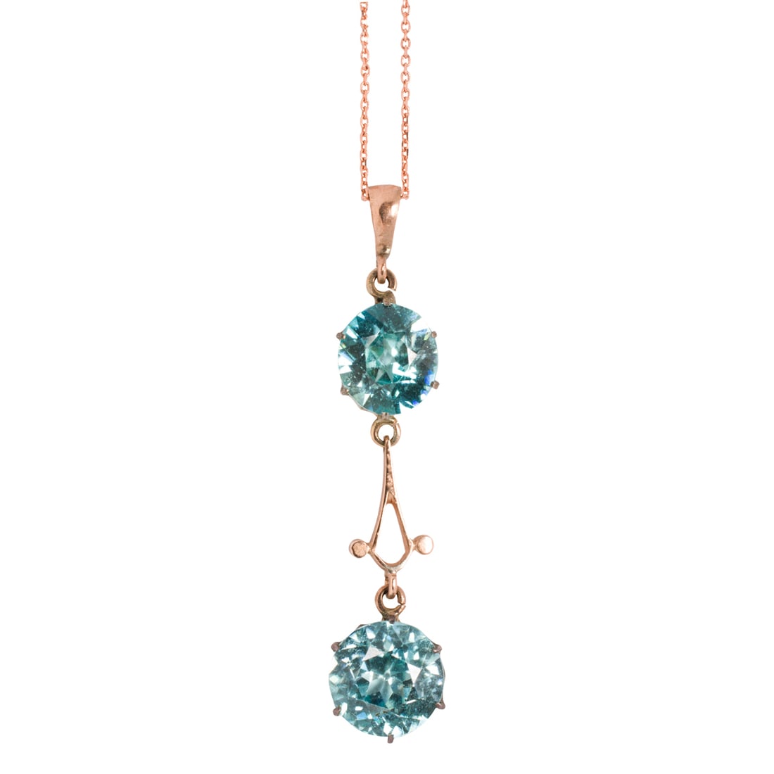 An Art Nouveau topaz and 10k rose gold lavalier: An Art Nouveau topaz and 10k rose gold lavalier The pendant set with one oval and one round-cut topaz weighing a total of approximately 5.50 carats, on modern 10k rose gold chain; pendant length: 1 3/