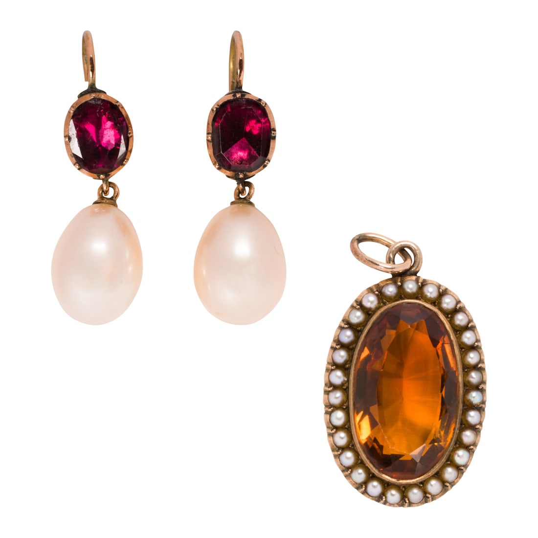 An antique gemstone and cultured pearl pendant and pair of earrings: An antique gemstone and cultured pearl pendant and pair of earrings Comprising a pendant centering an oval-cut citrine measuring 18.23 x 10.92 x 7.71 mm, framed within a halo of seed pearls, set in 9k