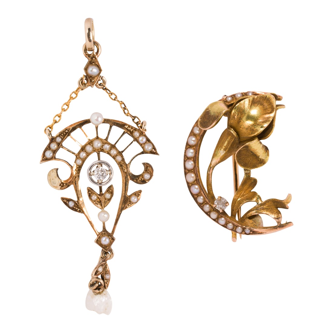 An antique seed pearl, diamond, and gold pendant and pin: An antique seed pearl, diamond, and gold pendant and pin The 10k gold pendant of open-form lavalier design, intricately set with seed pearls and one old mine-cut diamond, together with a 14k gold pin 
