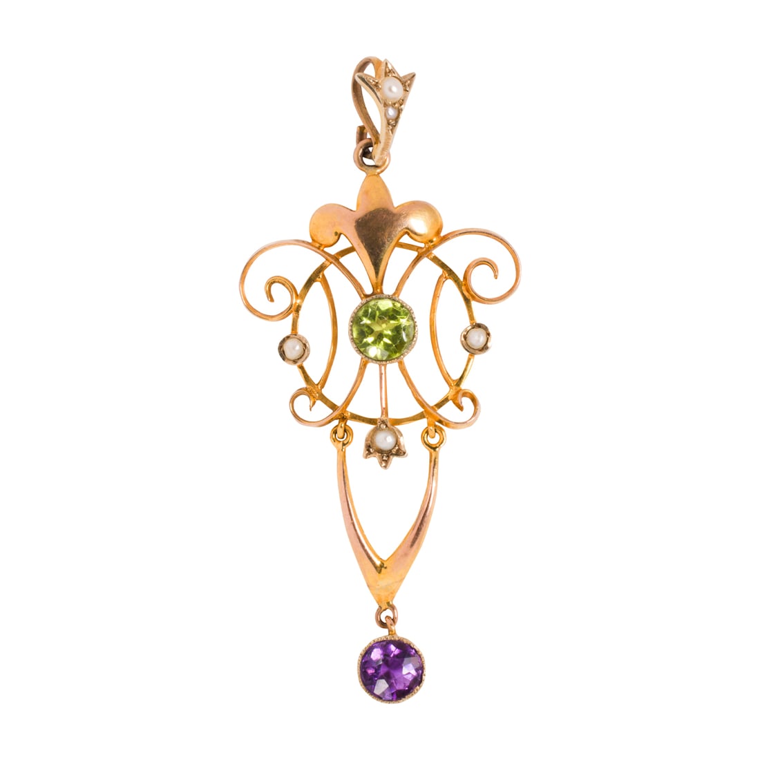 An Art Nouveau amethyst, peridot, seed pearl, and 9k gold pendant (1 of 1)