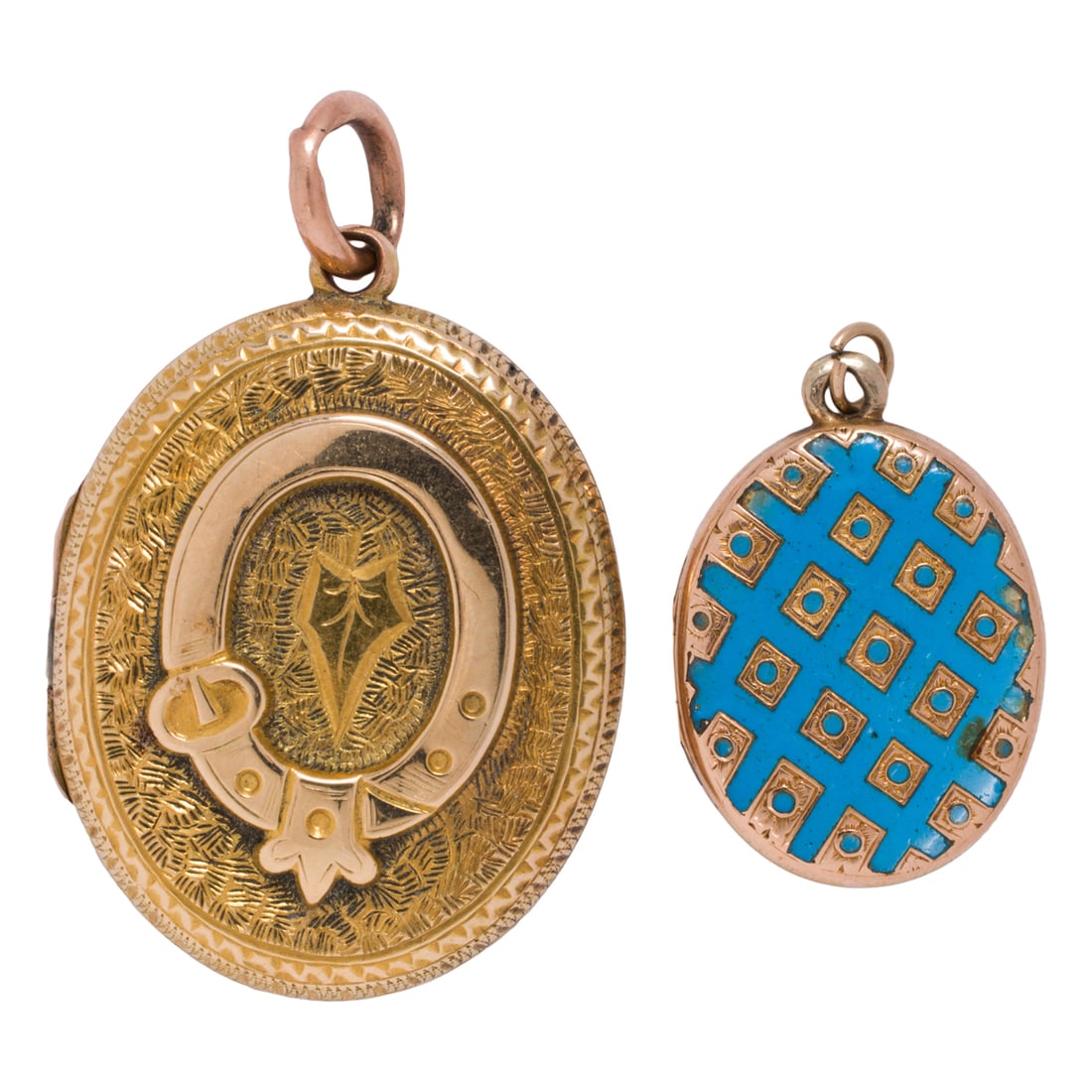 Two antique 10k gold lockets: Two antique 10k gold lockets One designed with blue enamel, one designed with intricate etching; lengths: 1 and 1 1/2 in, respectively; gross weight: 9.75 grams